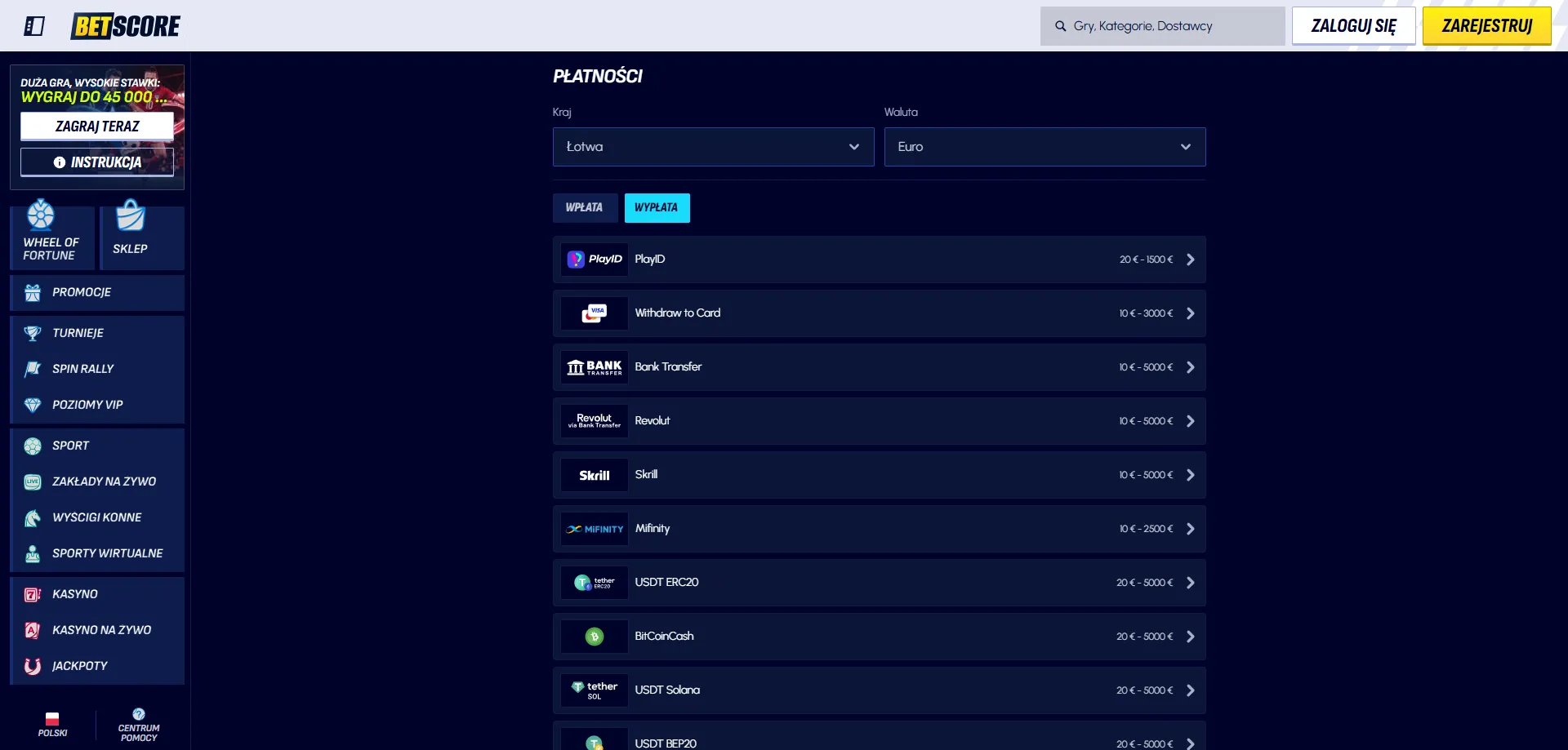 Betscore Casino metody płatności &ndash; karty, e-portfele i kryptowaluty